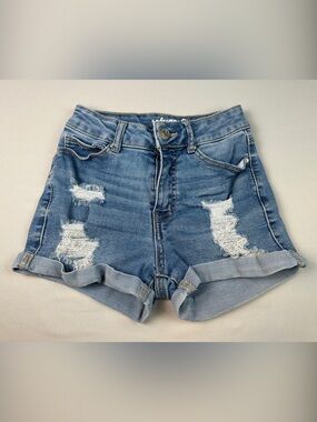refuge Destroyed Jean Shorts Medium Blue Distressed Cuffed Denim